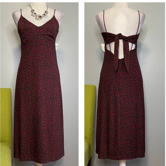 Banana Republic Leopard Brown Pink Midi Dress Knit Strappy Wrinkle Resist XS - Picture 1 of 10